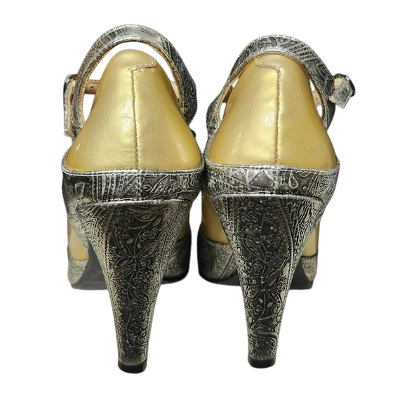 Modern Vintage Heels Size 37 / US 6.5 Gold & Silver Vtg Steampunk Style - Picture 4 of 6